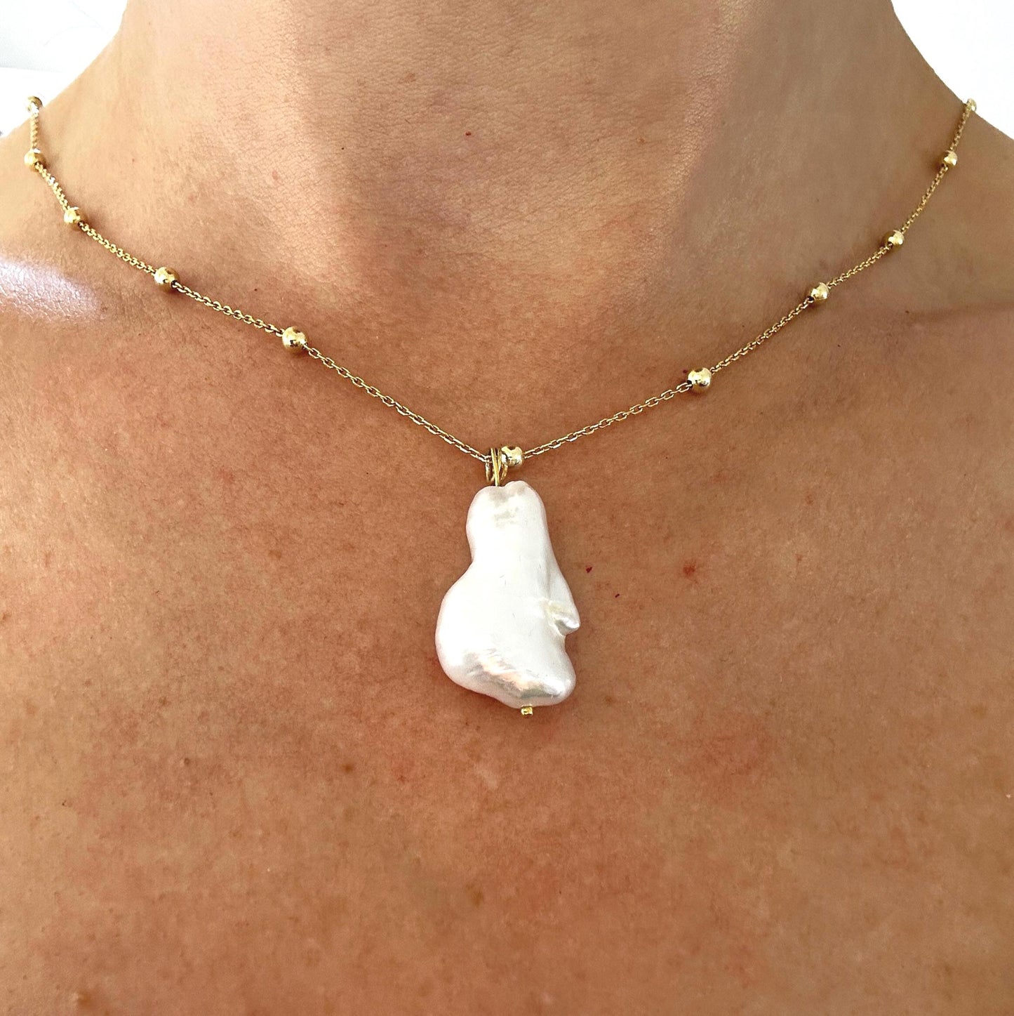 Gold Vermeil Baroque Keshi Pearl Necklace - Handmade Sterling Silver Jewelry
