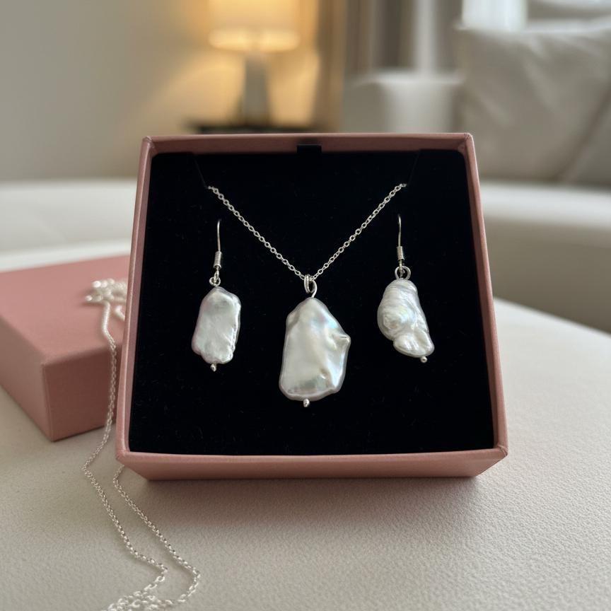 Handcrafted Sterling Silver Baroque Pearl Necklace & Earrings Set