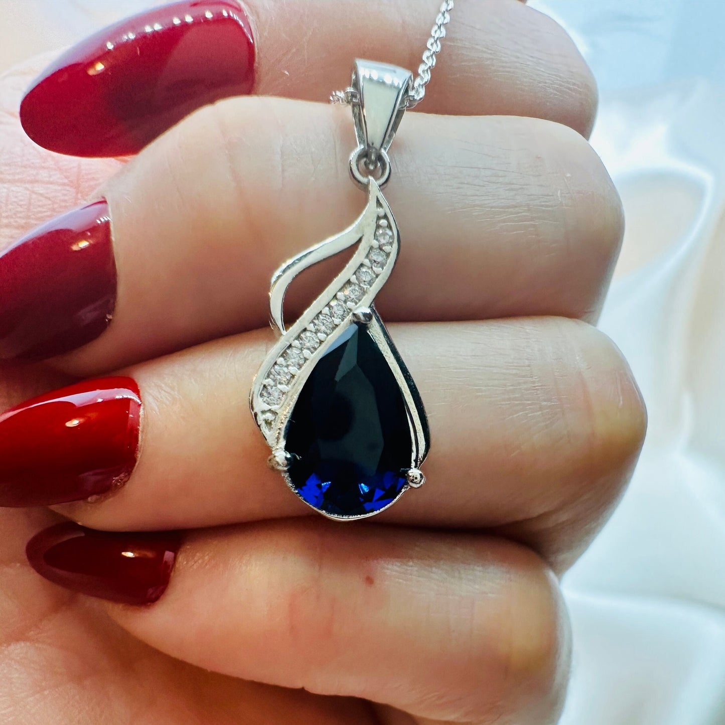Royal Blue Sapphire Teardrop Pendant – Sterling Silver September Birthstone