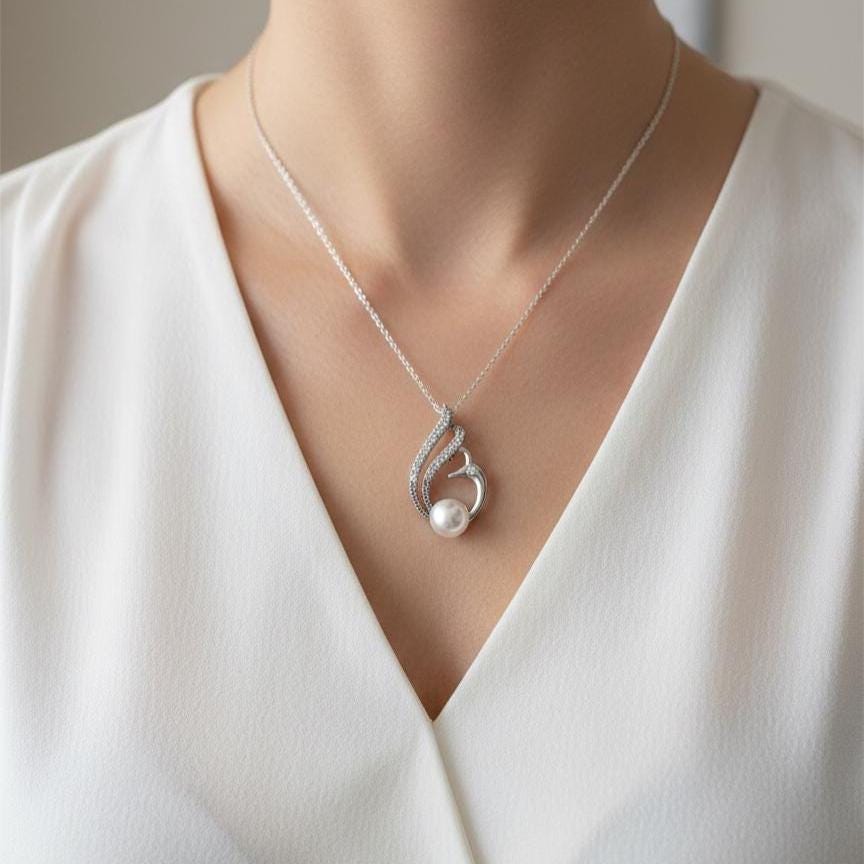 Swan Pearl Silver Necklace - June Birthstone Pendant Gift for Her