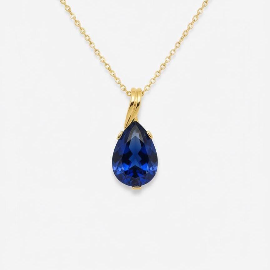 Gold Vermeil Sapphire Teardrop Necklace - September Birthstone Pendant - Dainty Jewelry Gift for Her-