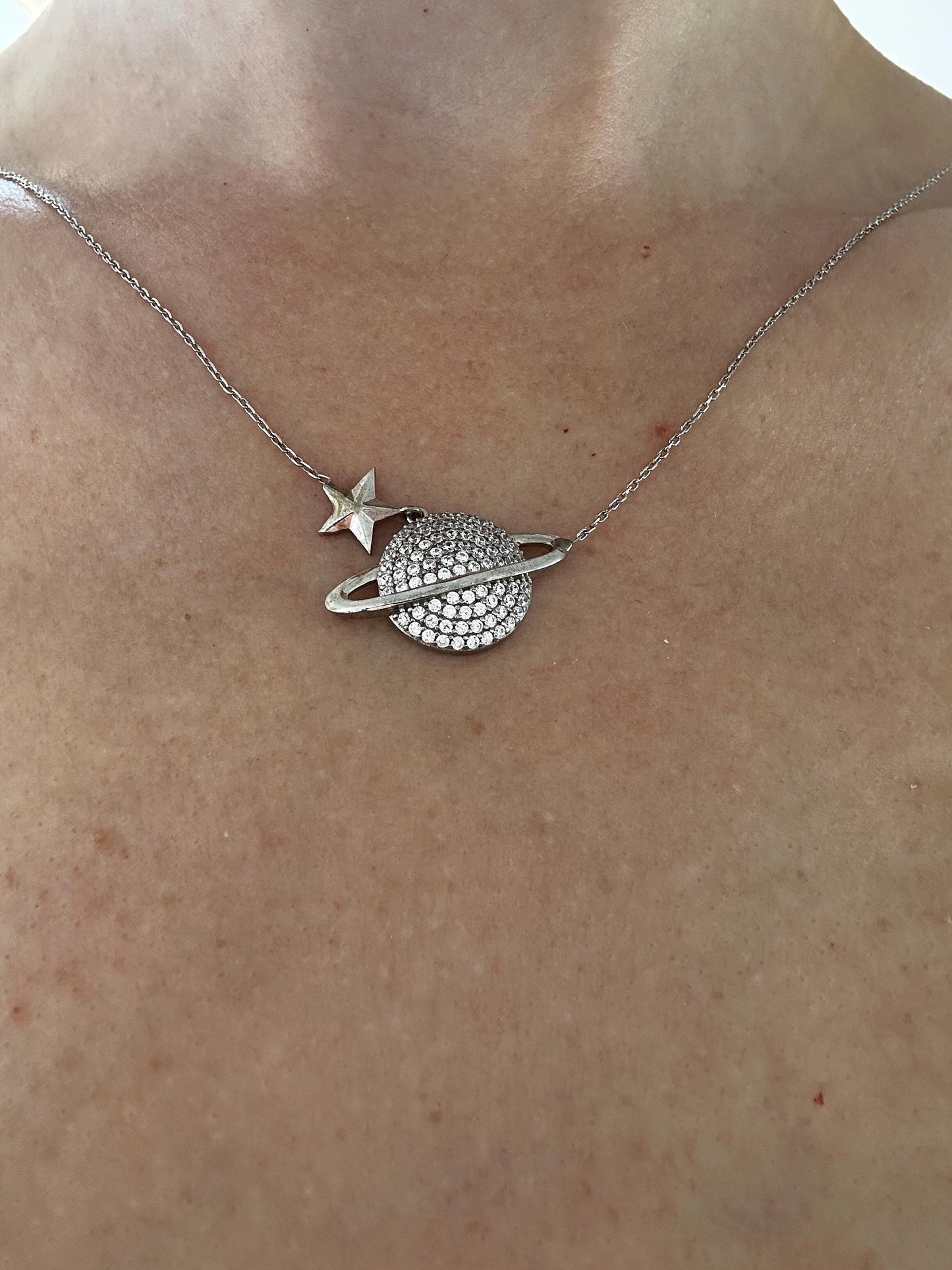 Celestial Charm-Sterling Silver Saturn Necklace with Sparkling Zircon Planet Pendant -Exclusive Gift for Her