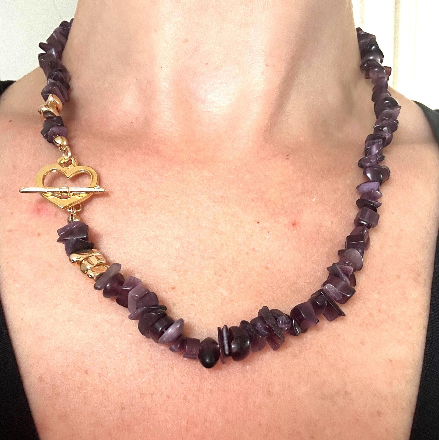 Handmade Raw Amethyst Chip Necklace - Gold Heart Clasp Design