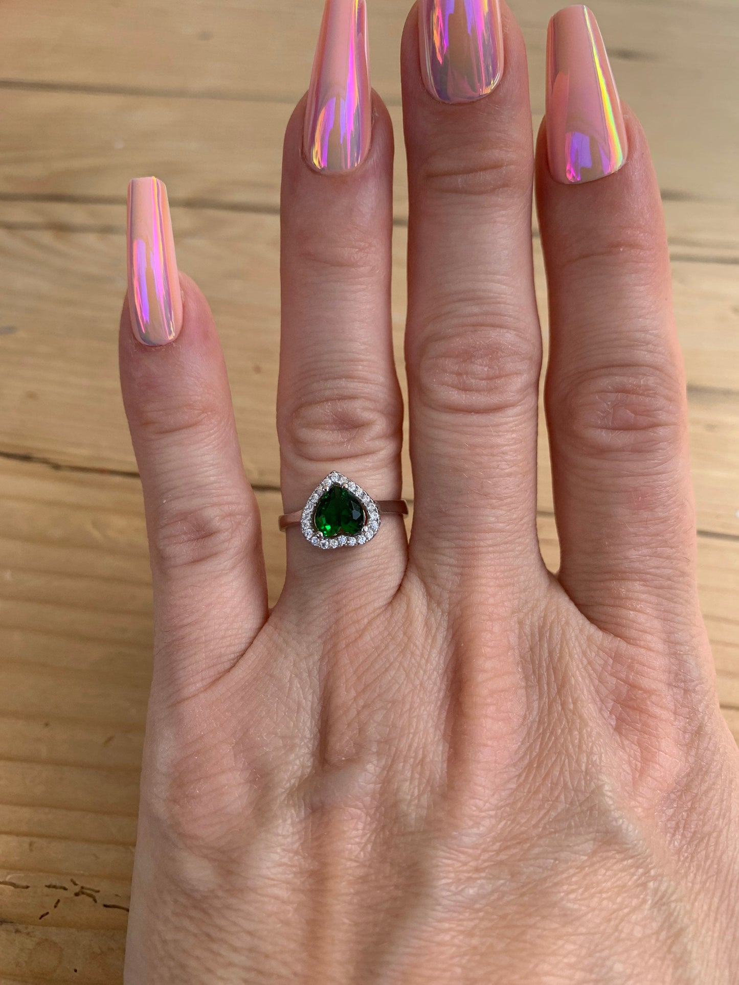 Vintage Heart Emerald Ring – Sterling Silver Diamond Engagement