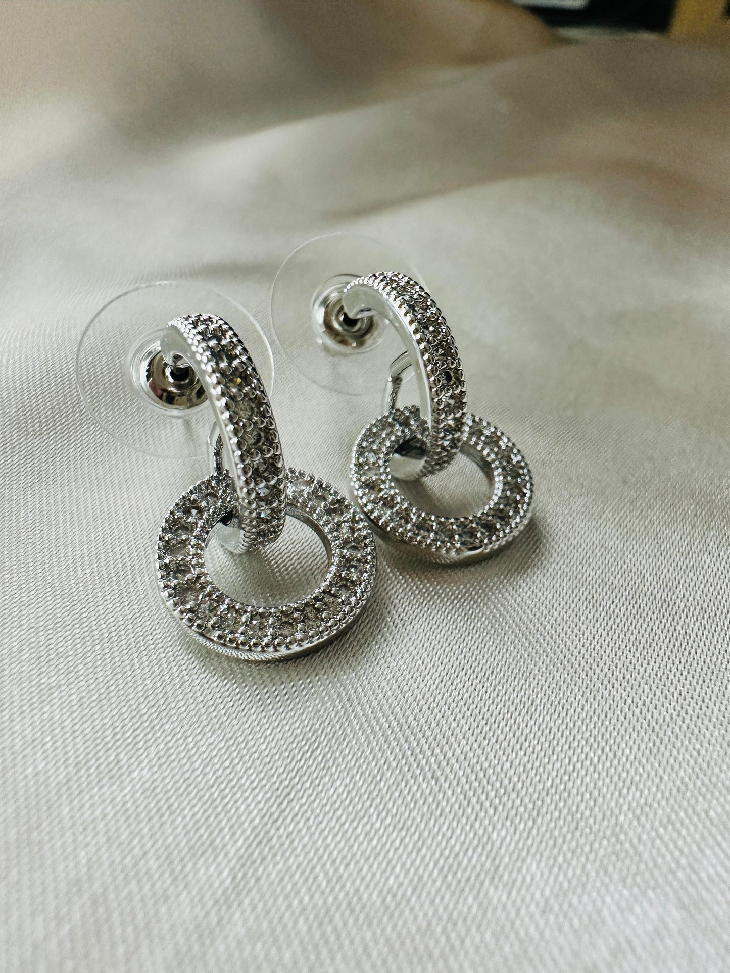 Cubic Zircon Dangle Drop Earrings: Silver Double Circle