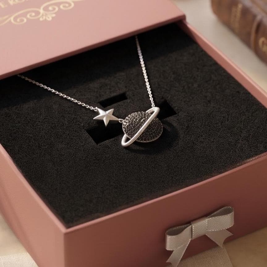 Glamorous Cosmic Necklace - Black Zircon Saturn Pendant in Sterling Silver -Gift for Her