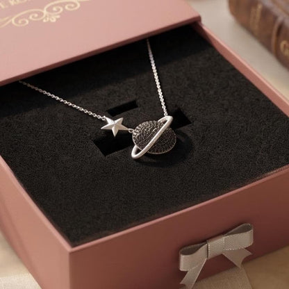 Glamorous Cosmic Necklace - Black Zircon Saturn Pendant in Sterling Silver -Gift for Her