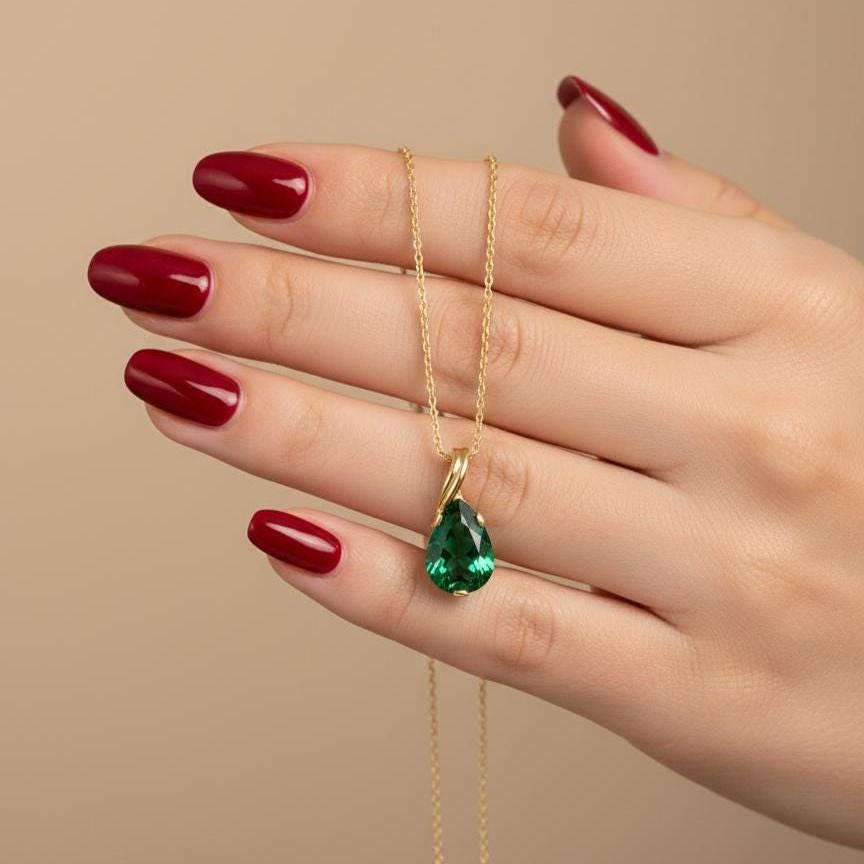 Gold Vermeil Emerald Teardrop Necklace - May Birthstone Pendant