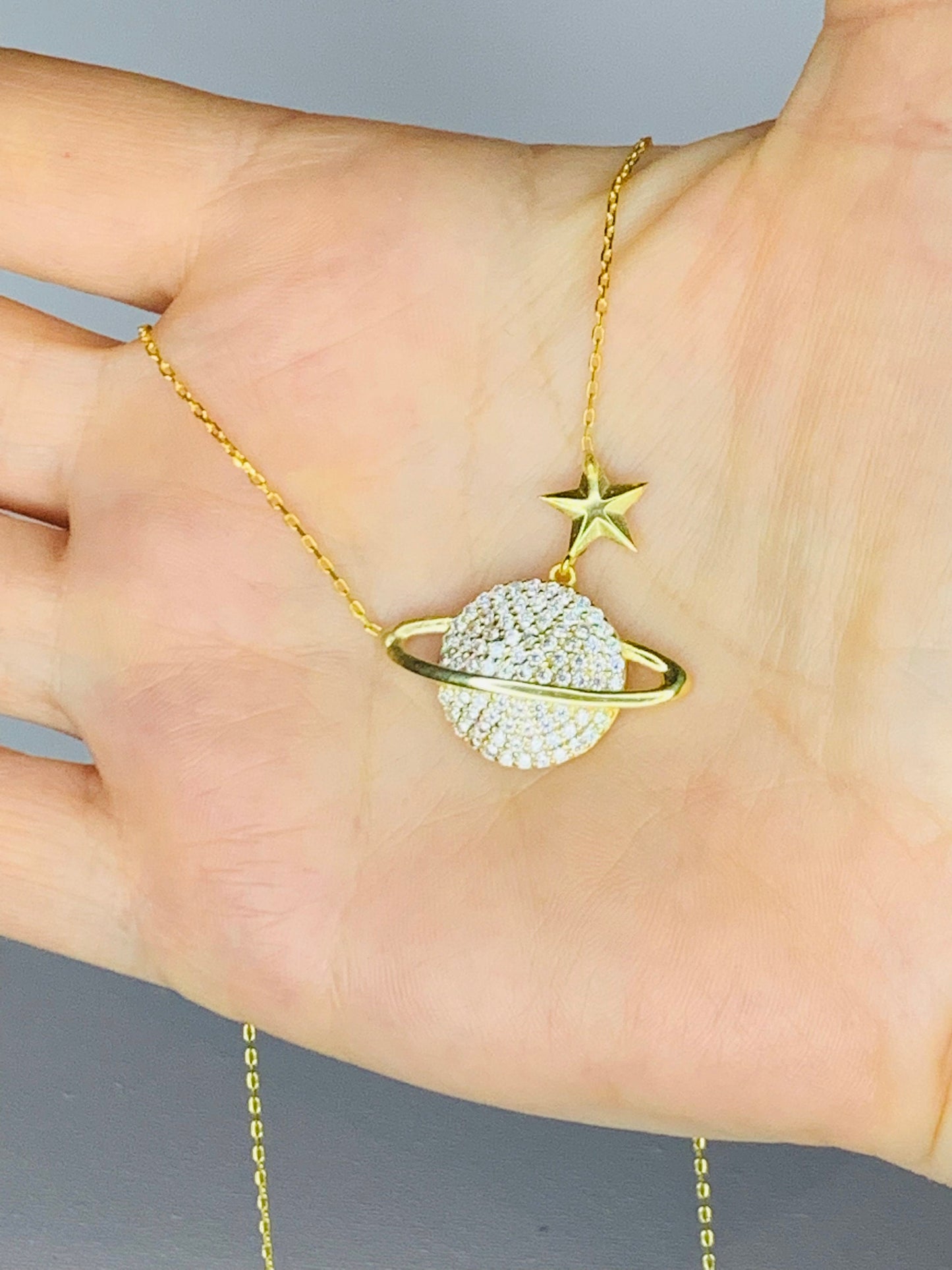 Gold Vermeil Saturn Pendant Necklace - Sterling Silver Zircon Planet Jewelry-Gift For Her