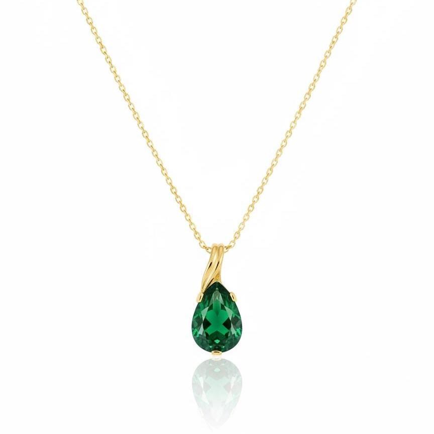 Gold Vermeil Emerald Teardrop Necklace - May Birthstone Pendant