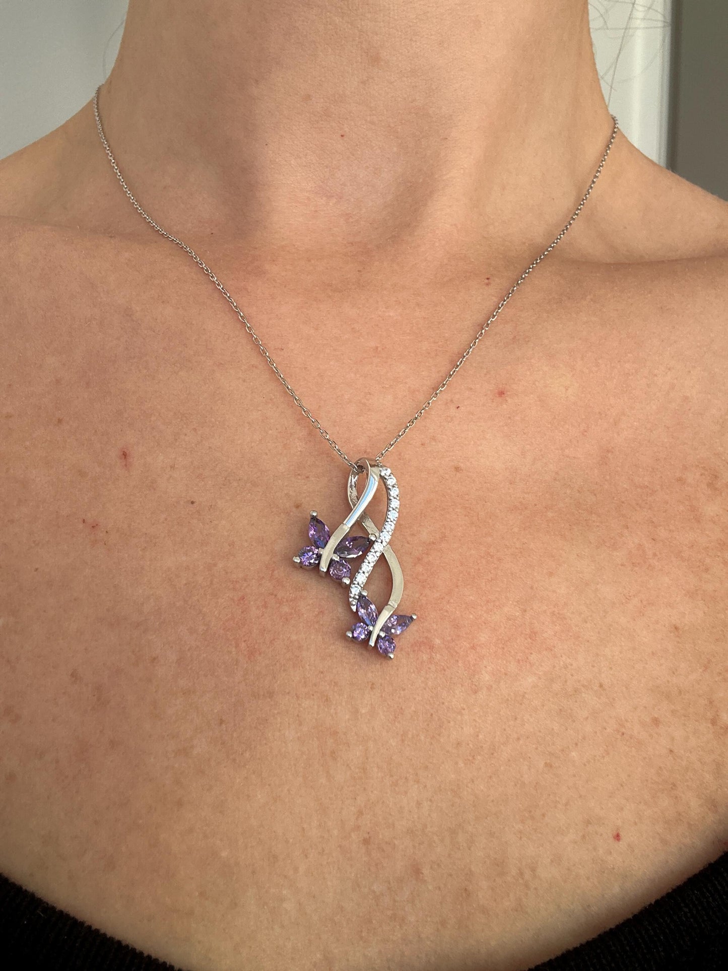 Infinity Amethyst Necklace with Butterfly Charm - February Birthstone Pendant -