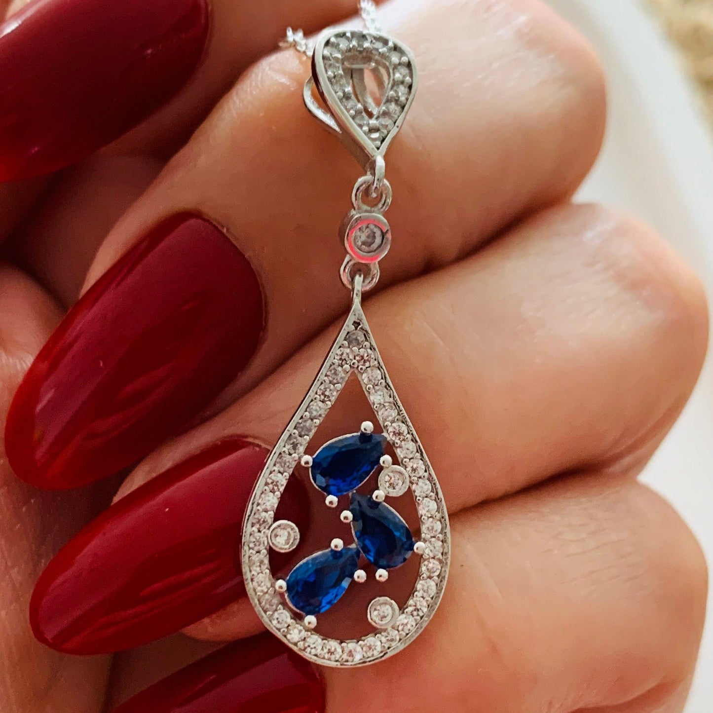 Sterling Silver Sapphire Pendant - September Birthstone Teardrop Necklace -