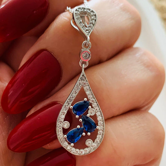 Sterling Silver Sapphire Pendant - September Birthstone Teardrop Necklace -