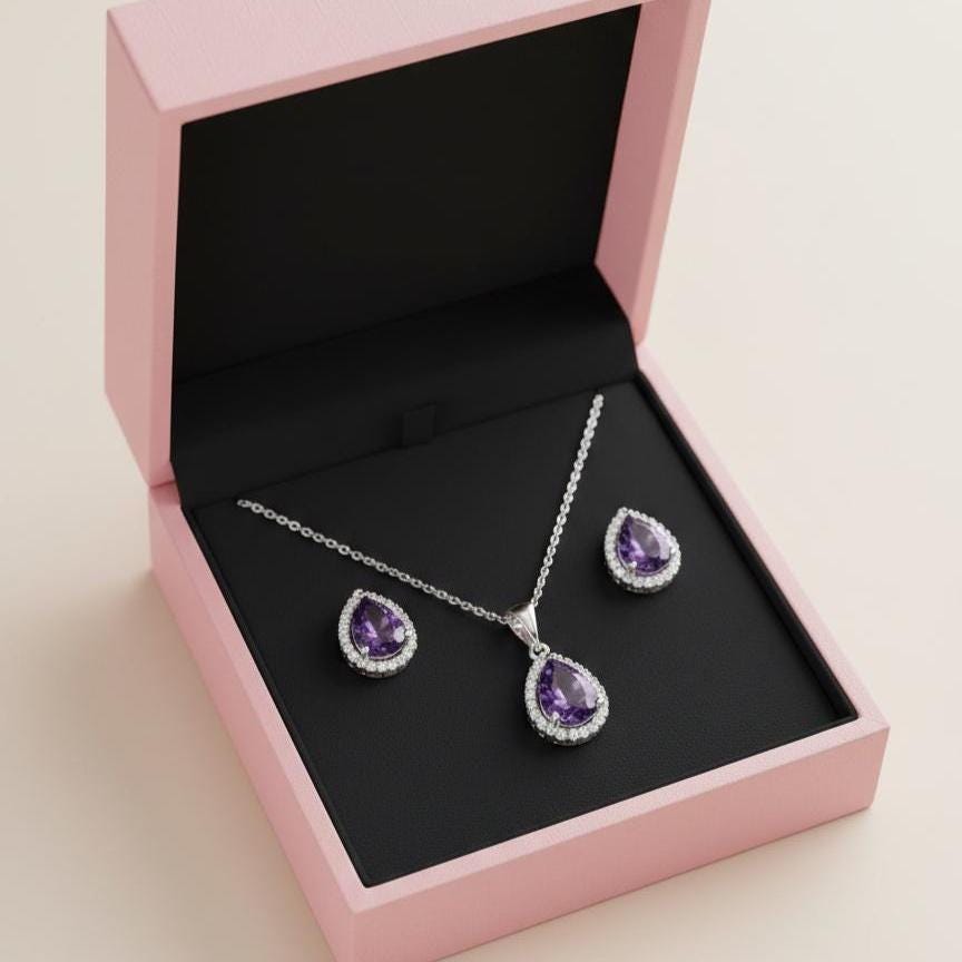 Elegant Amethyst Teardrop Necklace & Earrings Set - February Birthstone Jewelry