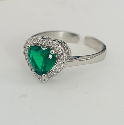 Vintage Heart Emerald Ring – Sterling Silver Diamond Engagement
