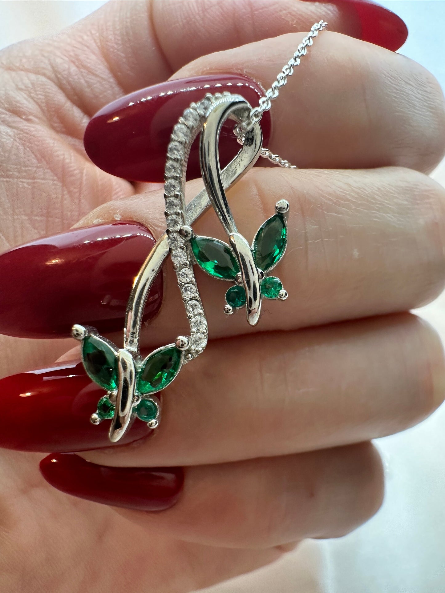 Dainty Emerald Butterfly Necklace in Sterling Silver – Infinity Pendant Necklace - - Gift for Her