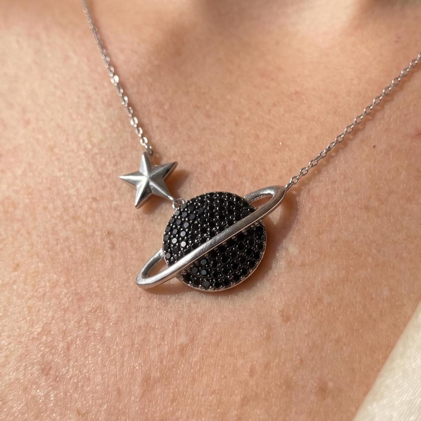 Glamorous Cosmic Necklace - Black Zircon Saturn Pendant in Sterling Silver -Gift for Her