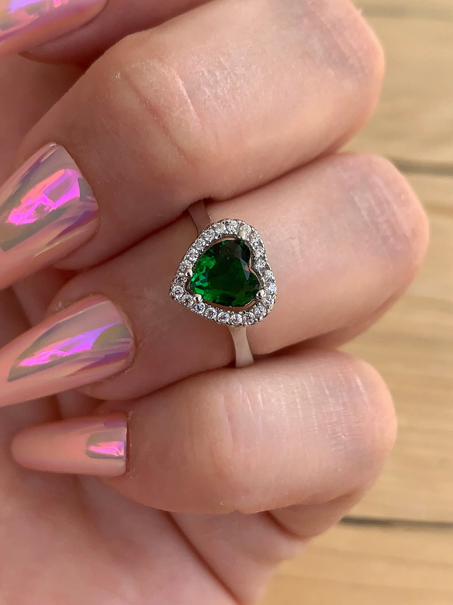 Vintage Heart Emerald Ring – Sterling Silver Diamond Engagement