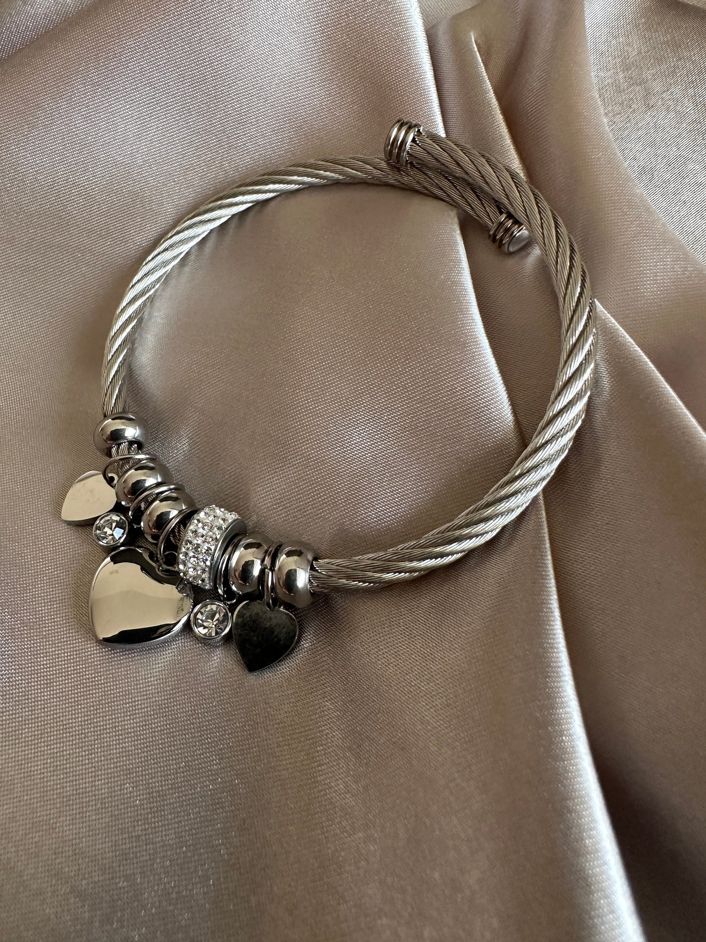 Silver Stainless Steel Charm Bangle: Hypoallergenic Heart Bracelet