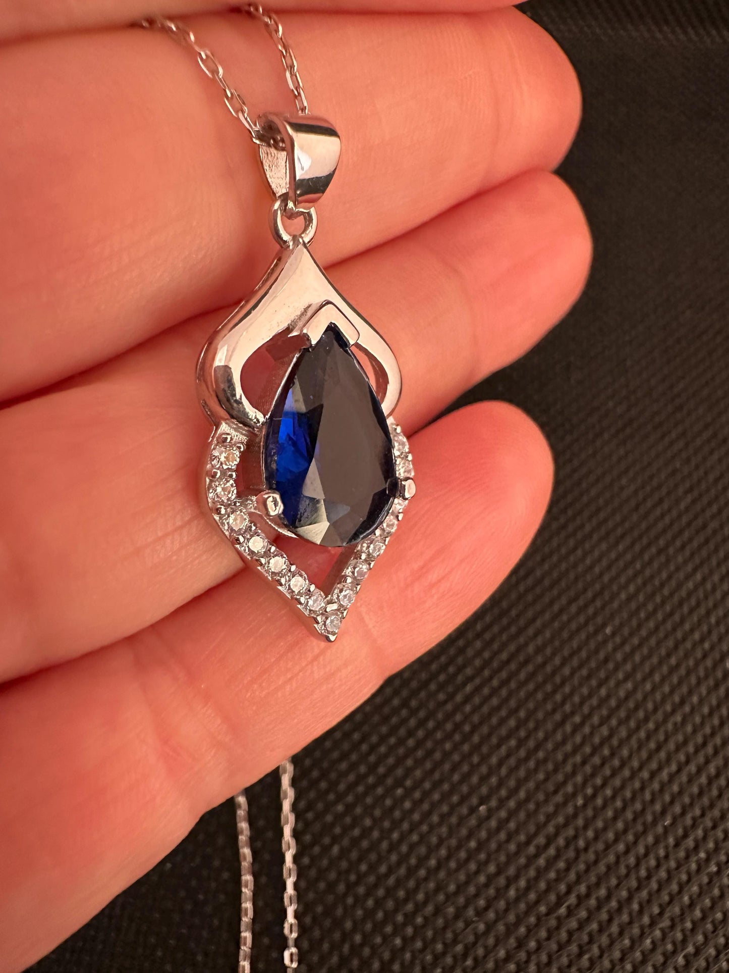 September Birthstone Necklace - Sapphire Teardrop Pendant in Sterling Silver
