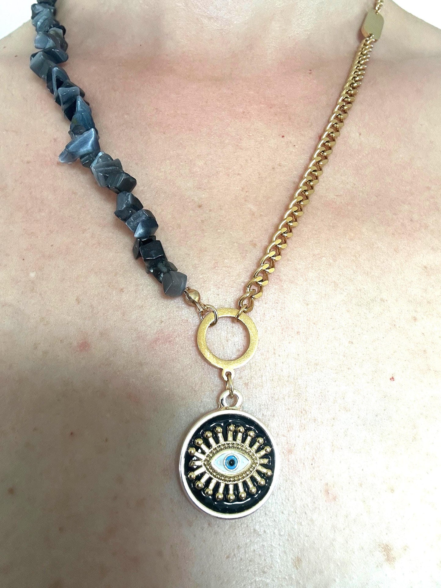 Evil Eye Pearl Necklace: Gold Brass Pendant