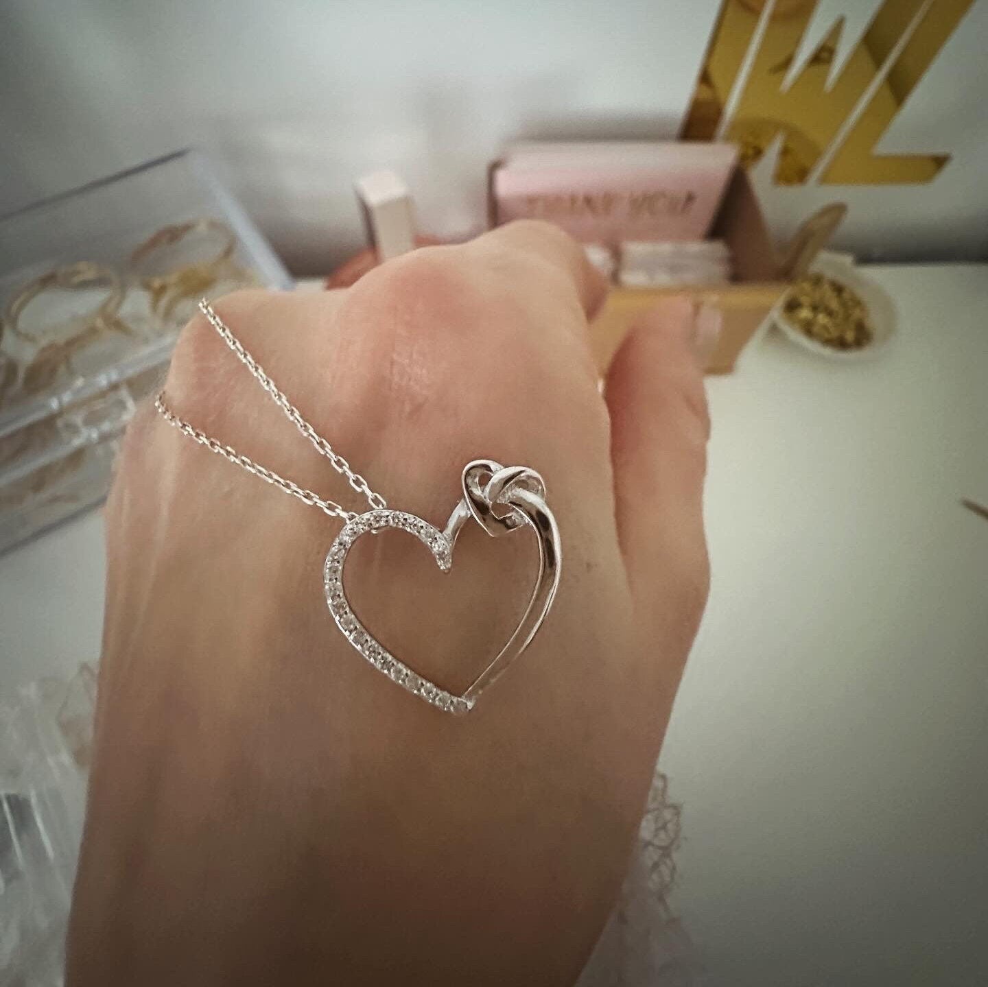 Double Heart Necklace - Sterling Silver with Zircon Gem