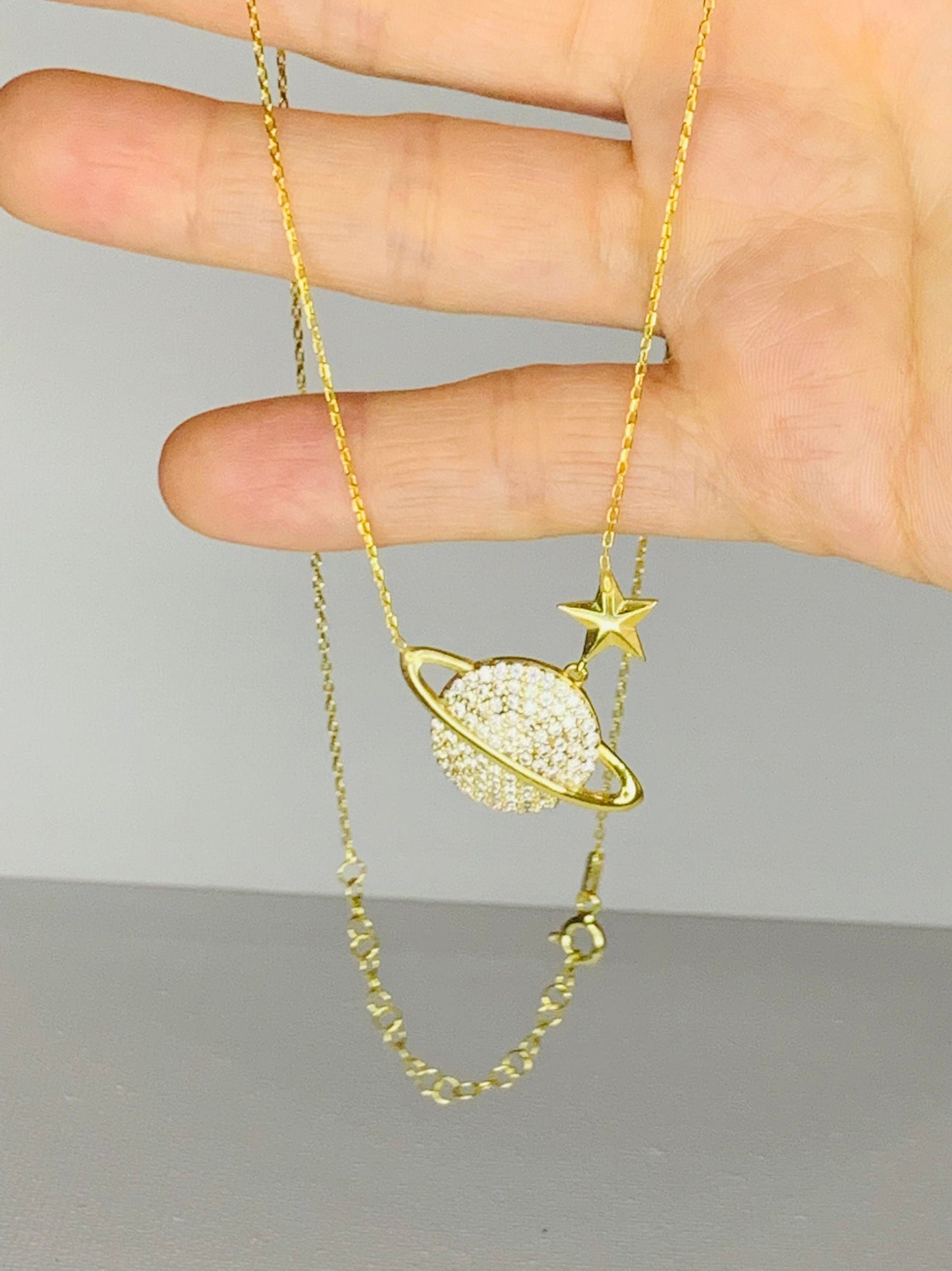 Gold Vermeil Saturn Pendant Necklace - Sterling Silver Zircon Planet Jewelry-Gift For Her