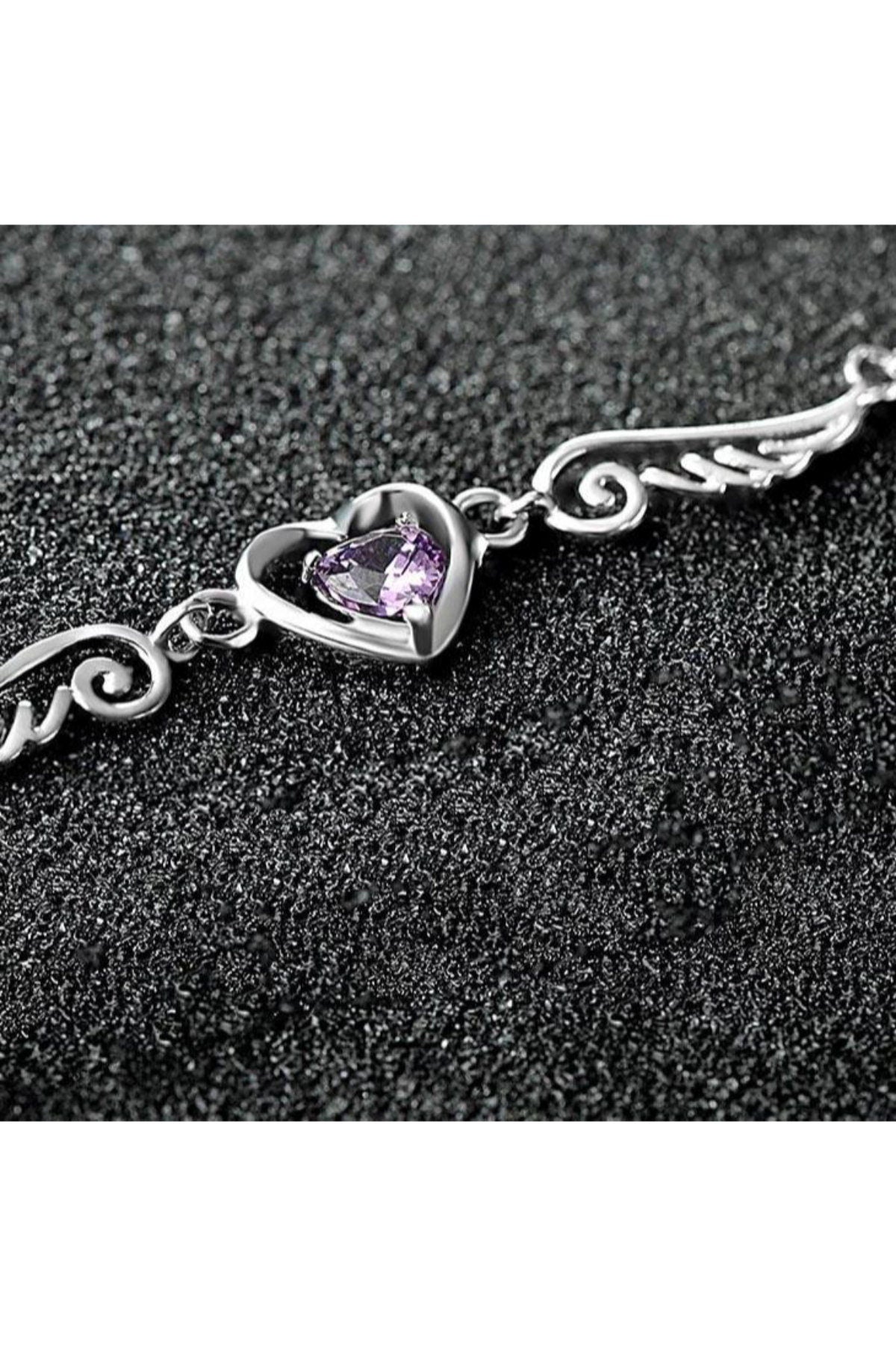 Amethyst Heart Necklace - Sterling Silver Angel Wing Pendant - February Birthstone Jewelry