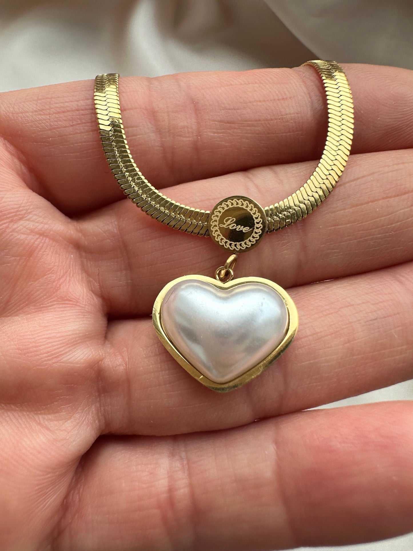 Gold Heart Necklace: Herringbone Chain, Gold