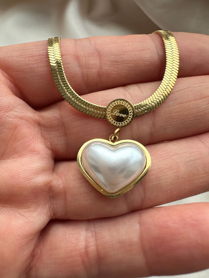 Gold Heart Necklace: Herringbone Chain, Gold