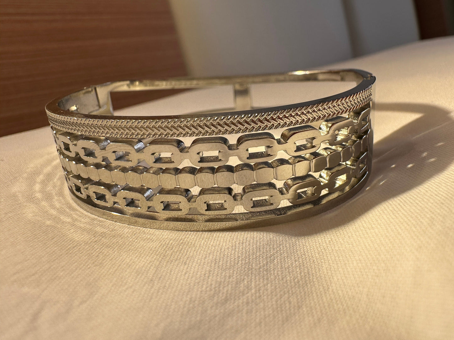 Silver Stainless Steel Bangle – Chain Detail, Tarnishproof Jewelry