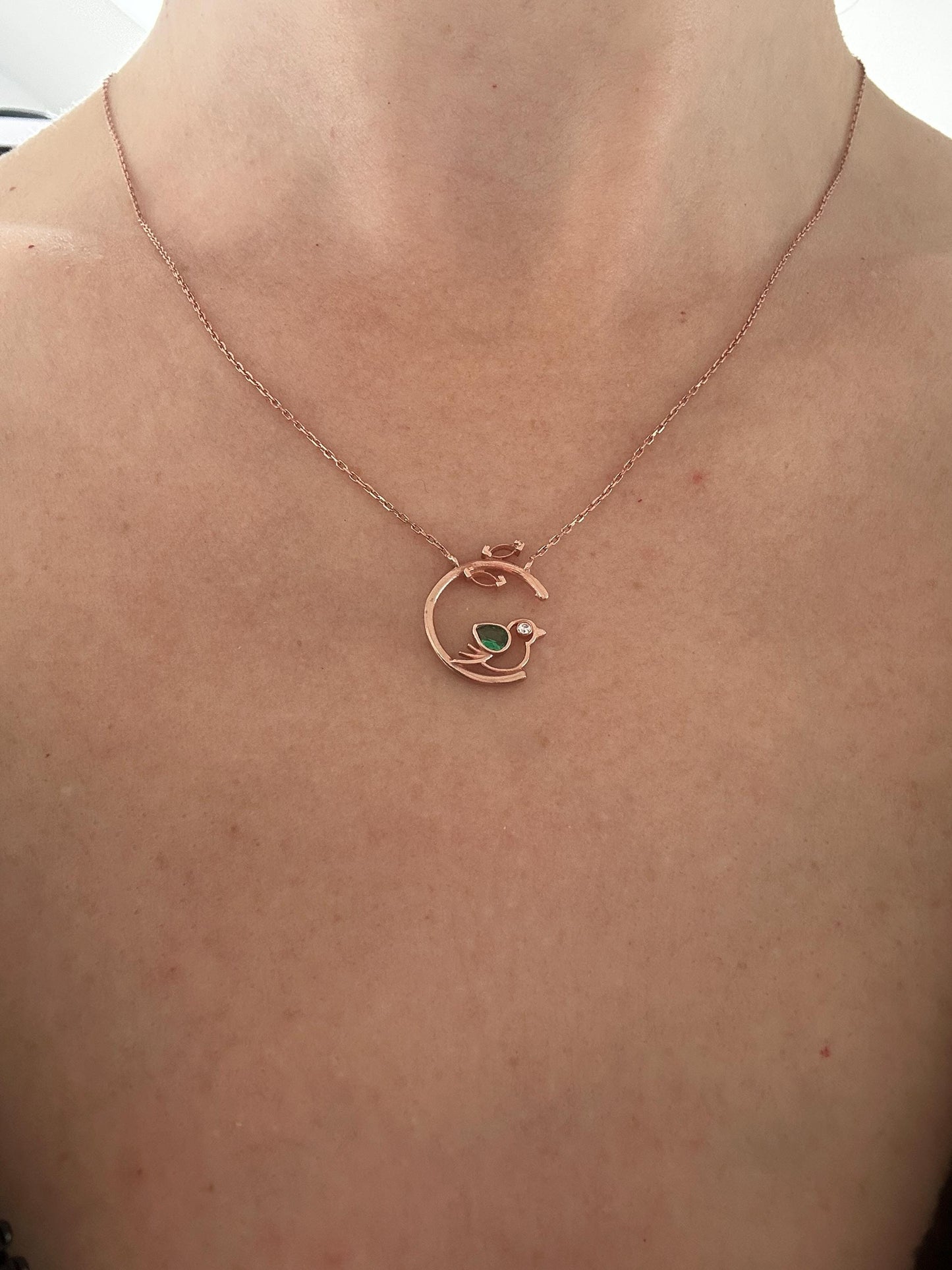 Rose Gold Vermeil Emerald Bird Necklace - May Birthstone Pendant