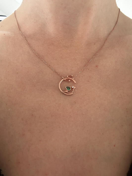 Rose Gold Vermeil Emerald Bird Necklace - May Birthstone Pendant