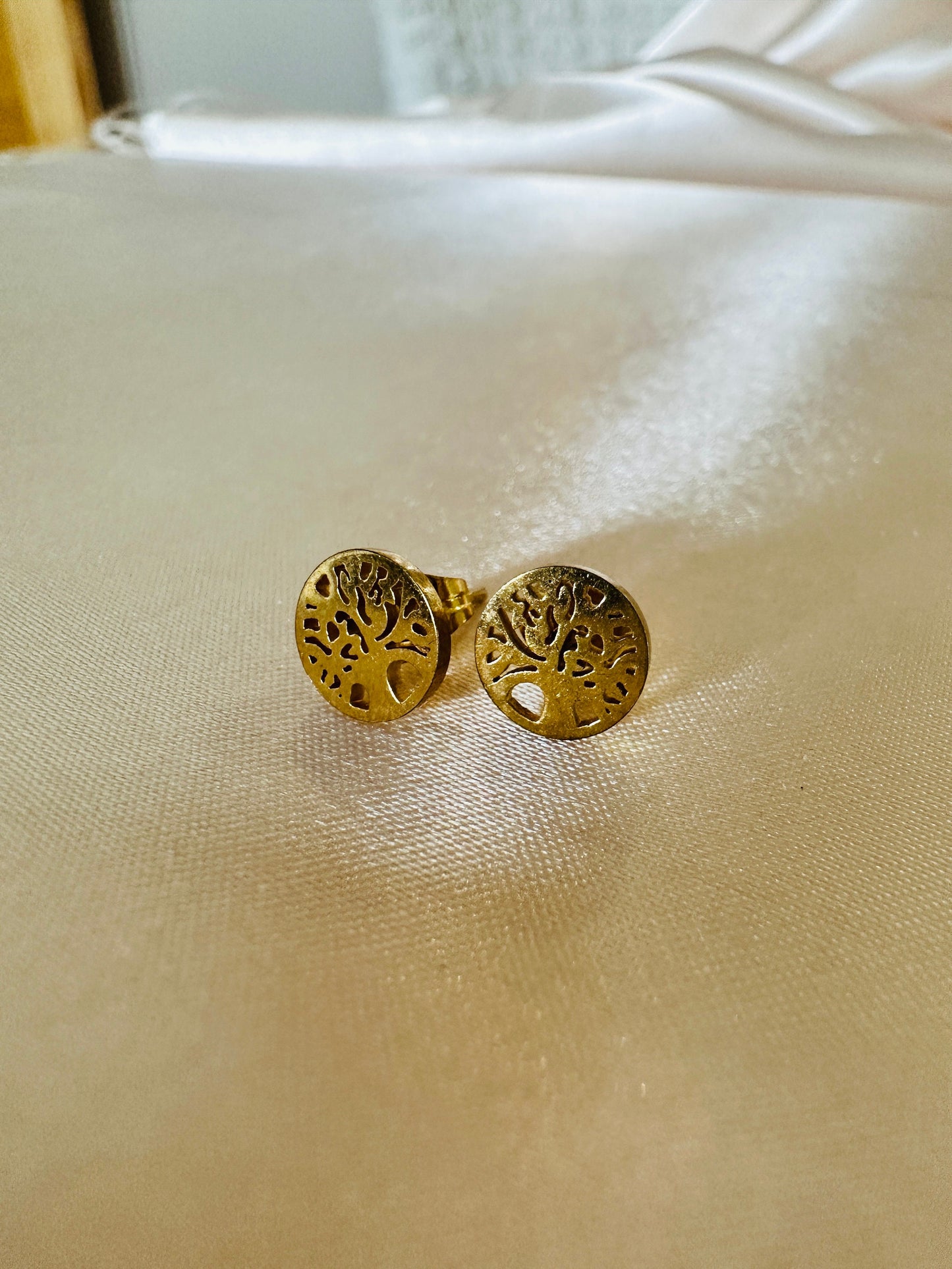 Gold Life Tree Dangle Earrings: Hypoallergenic Steel