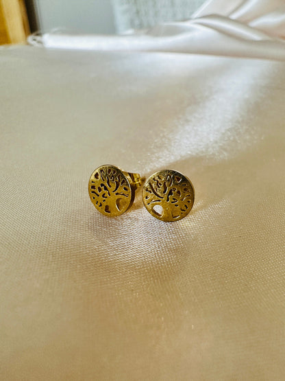 Gold Life Tree Dangle Earrings: Hypoallergenic Steel