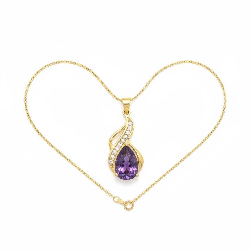 February Birthstone Necklace – Gold Vermeil Amethyst Teardrop Pendant