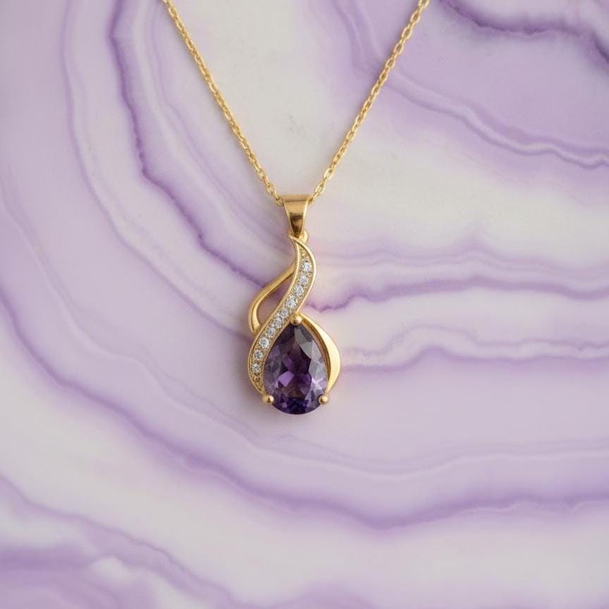 February Birthstone Necklace – Gold Vermeil Amethyst Teardrop Pendant