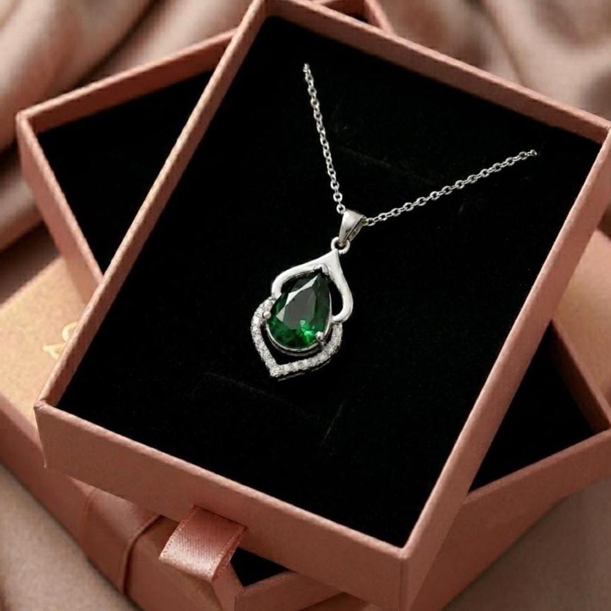 Handmade Emerald Teardrop Necklace - May Birthstone Jewelry - Valentine's Gift