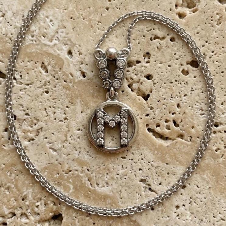Sterling Silver Letter M Necklace - Personalized Zircon Initial Jewelry