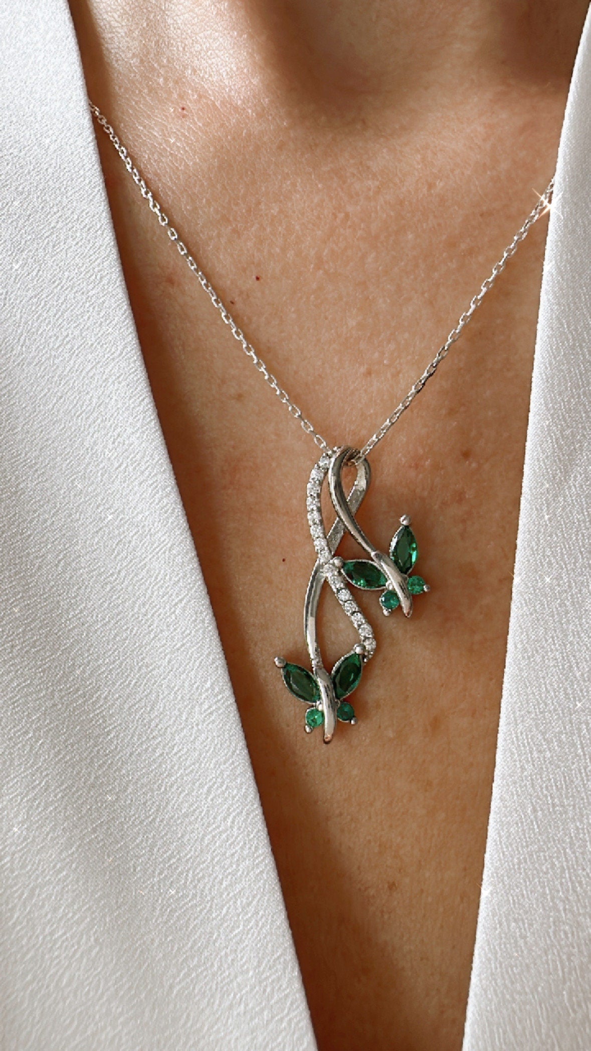 Dainty Emerald Butterfly Necklace in Sterling Silver – Infinity Pendant Necklace - - Gift for Her