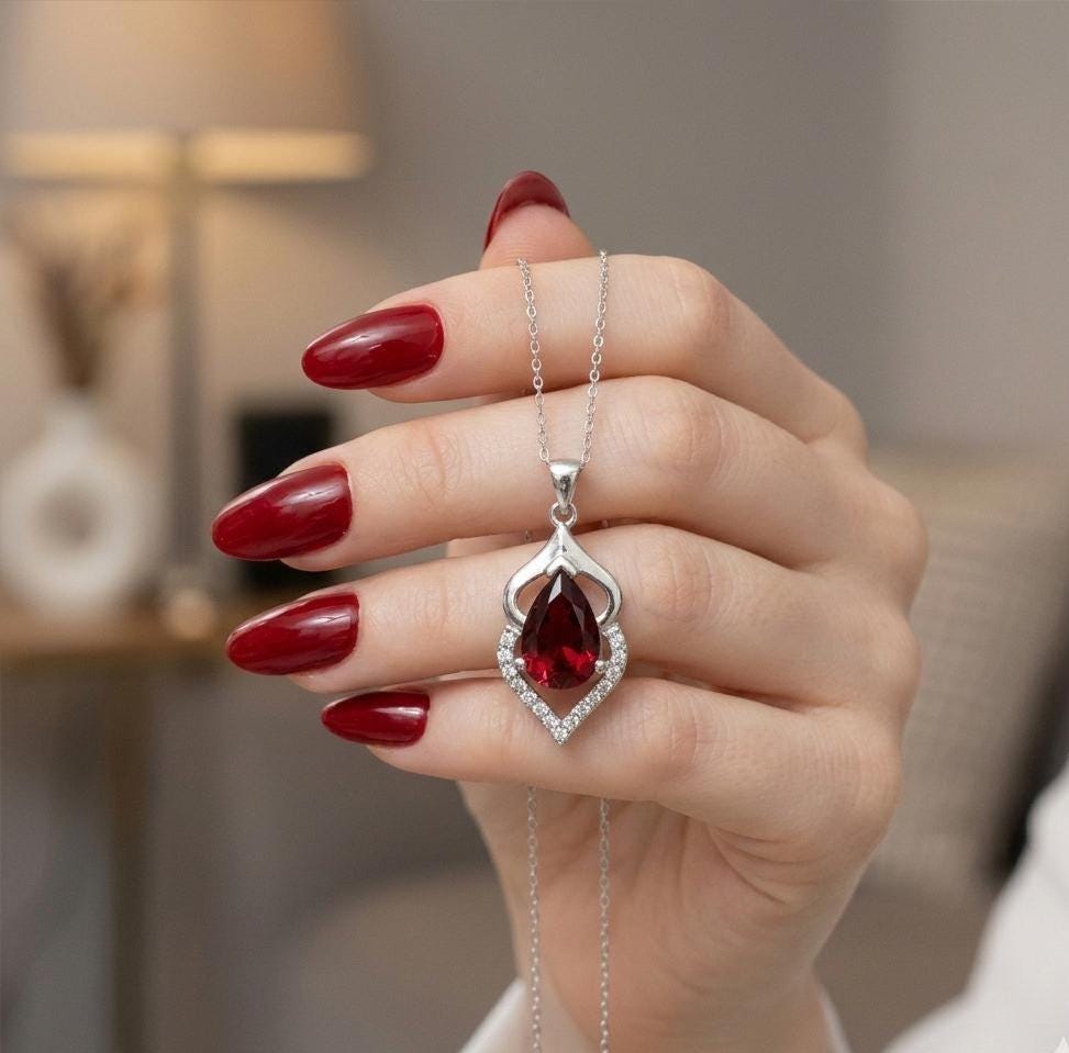 Pear Cut Ruby Pendant Necklace in Sterling Silver -July Birthstone -