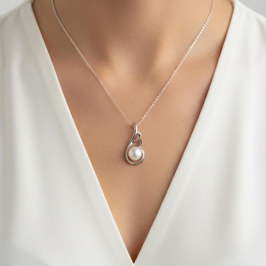 Silver Pearl Necklace featuring Delicate Angel Wings Design