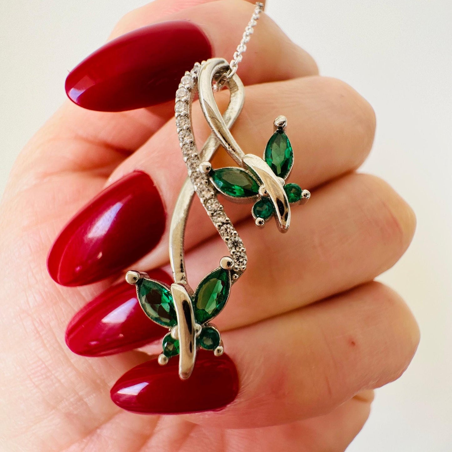 Dainty Emerald Butterfly Necklace in Sterling Silver – Infinity Pendant Necklace - - Gift for Her
