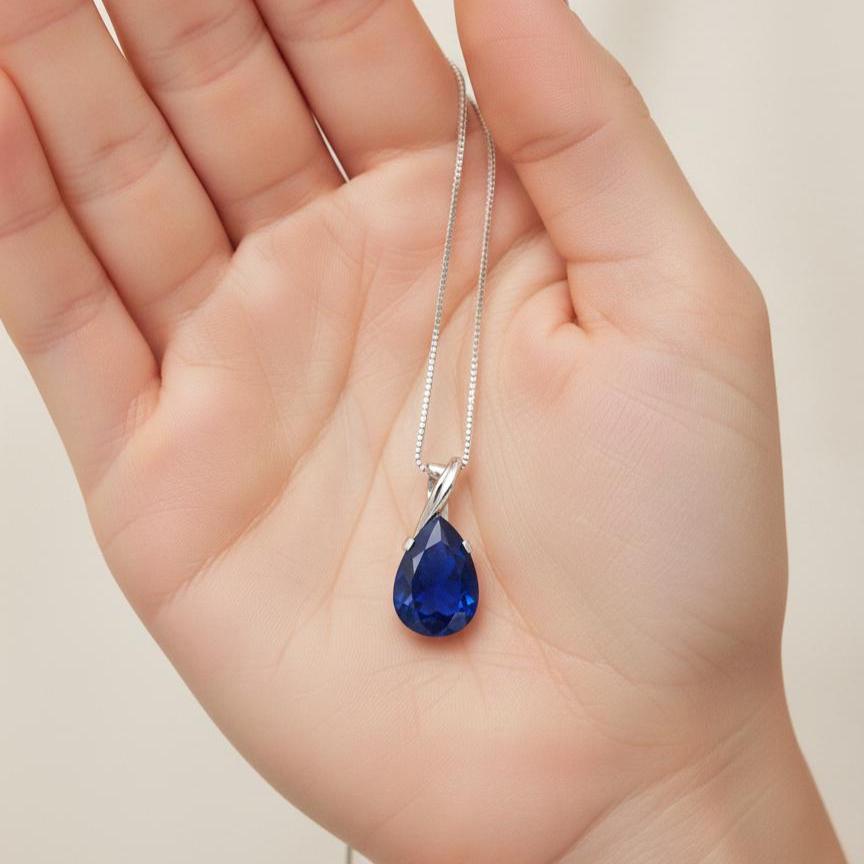 Sapphire Teardrop Necklace - September Birthstone Pendant -  Gift For Her
