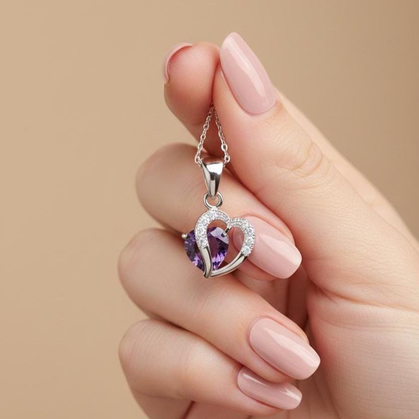 Amethyst Heart Necklace - Sterling Silver February Birthstone Pendant