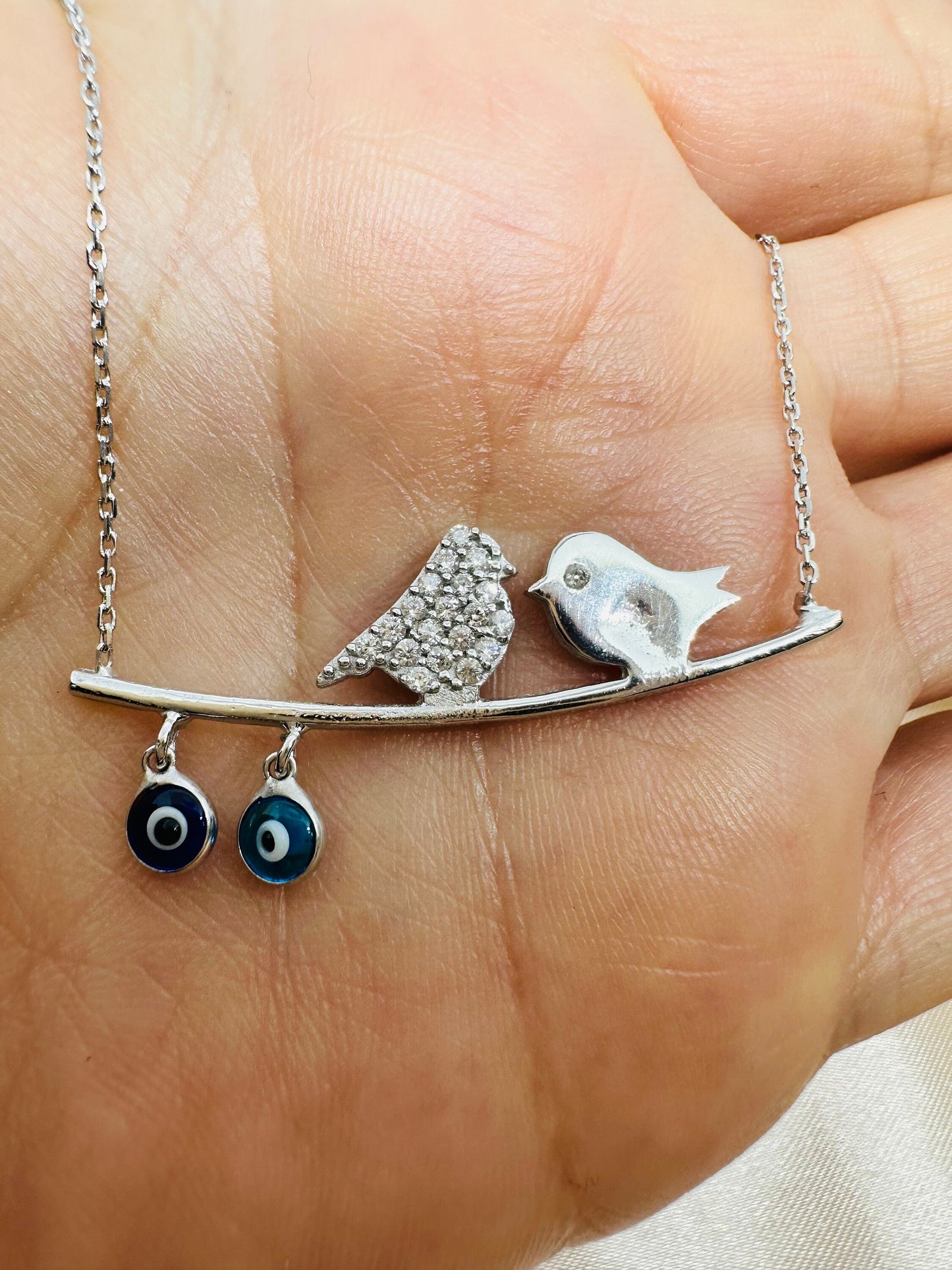 Evil Eye Beaded Bird Sterling Silver Necklace- Dainty Charm