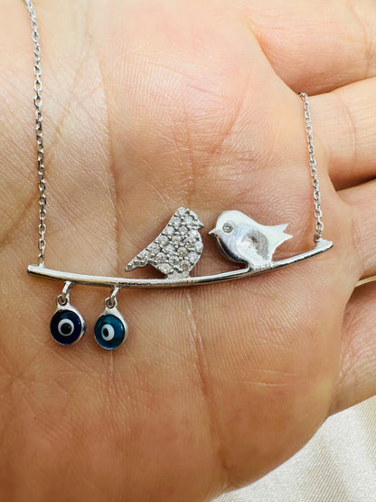 Evil Eye Beaded Bird Sterling Silver Necklace- Dainty Charm