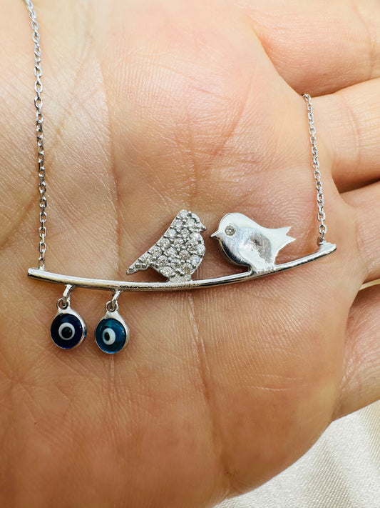 Evil Eye Beaded Bird Sterling Silver Necklace- Dainty Charm