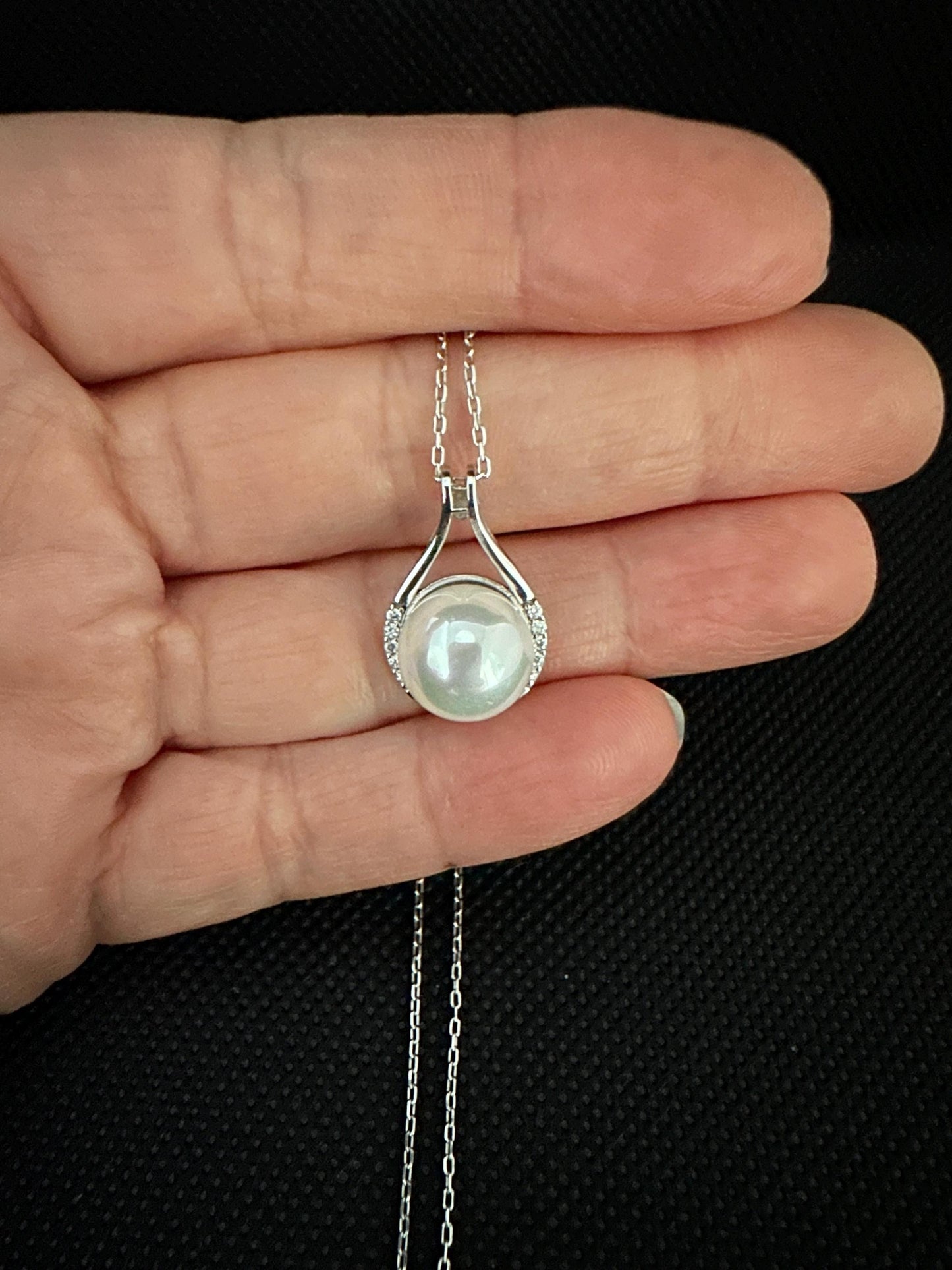 White Pearl in Sterling Silver Circle Charm -Dainty
