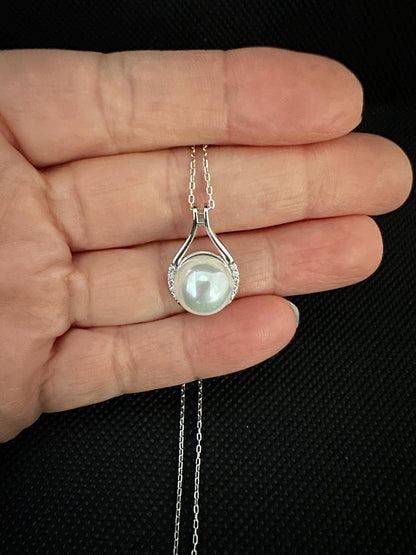 White Pearl in Sterling Silver Circle Charm -Dainty